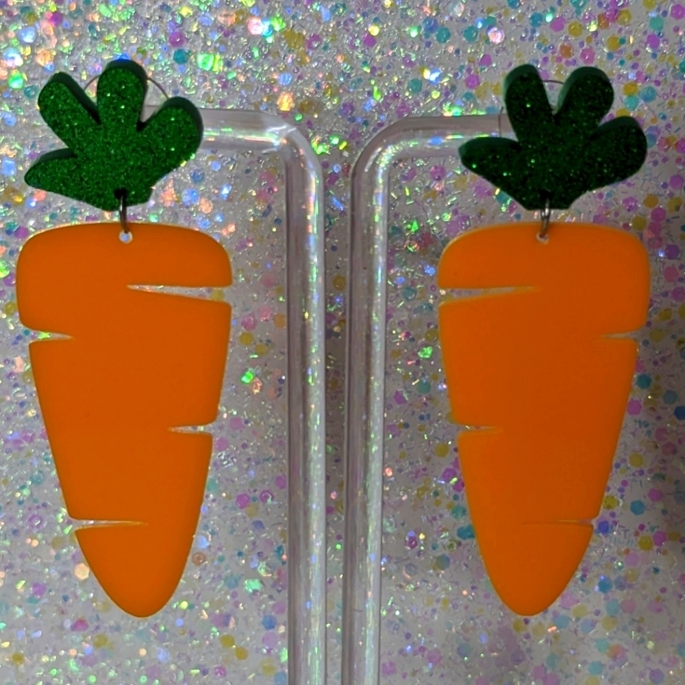 Carrot orange with green glitter acrylic drop earrings